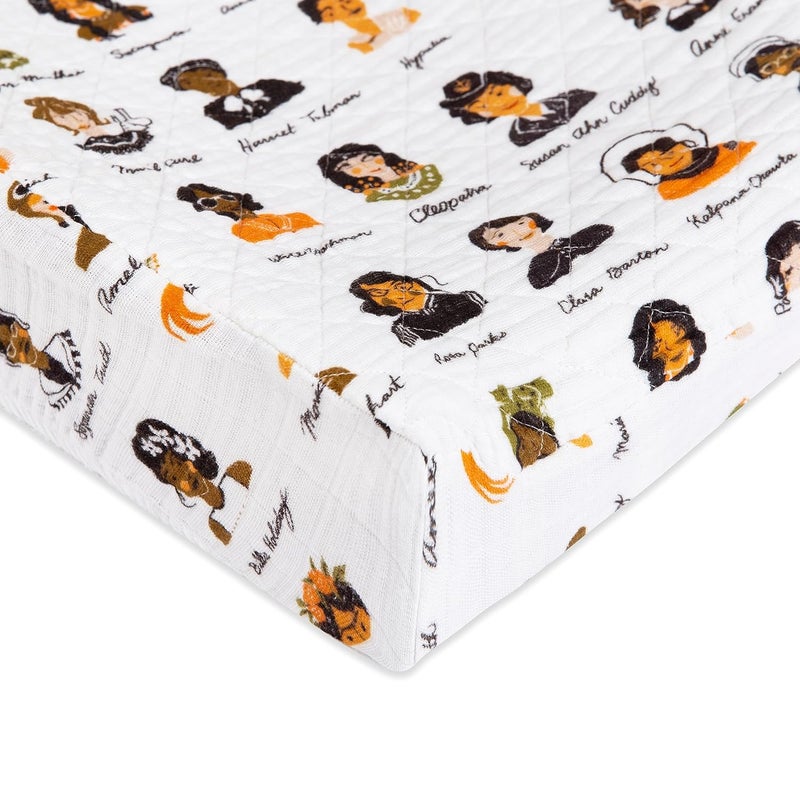 babyletto 100% Quilted Organic Cotton Changing Pad Cover, GOTS-Certified, Fitted 360°, Ultra-Soft and Breathable Muslin - Women in History - Image 1